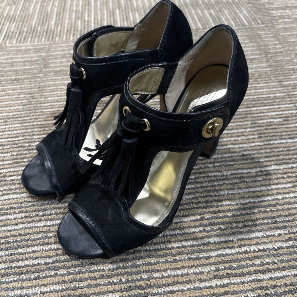 Coach Black Leather Tassel Peep toe High Heel Pumps Size 6.5 M - Picture 1 of 7